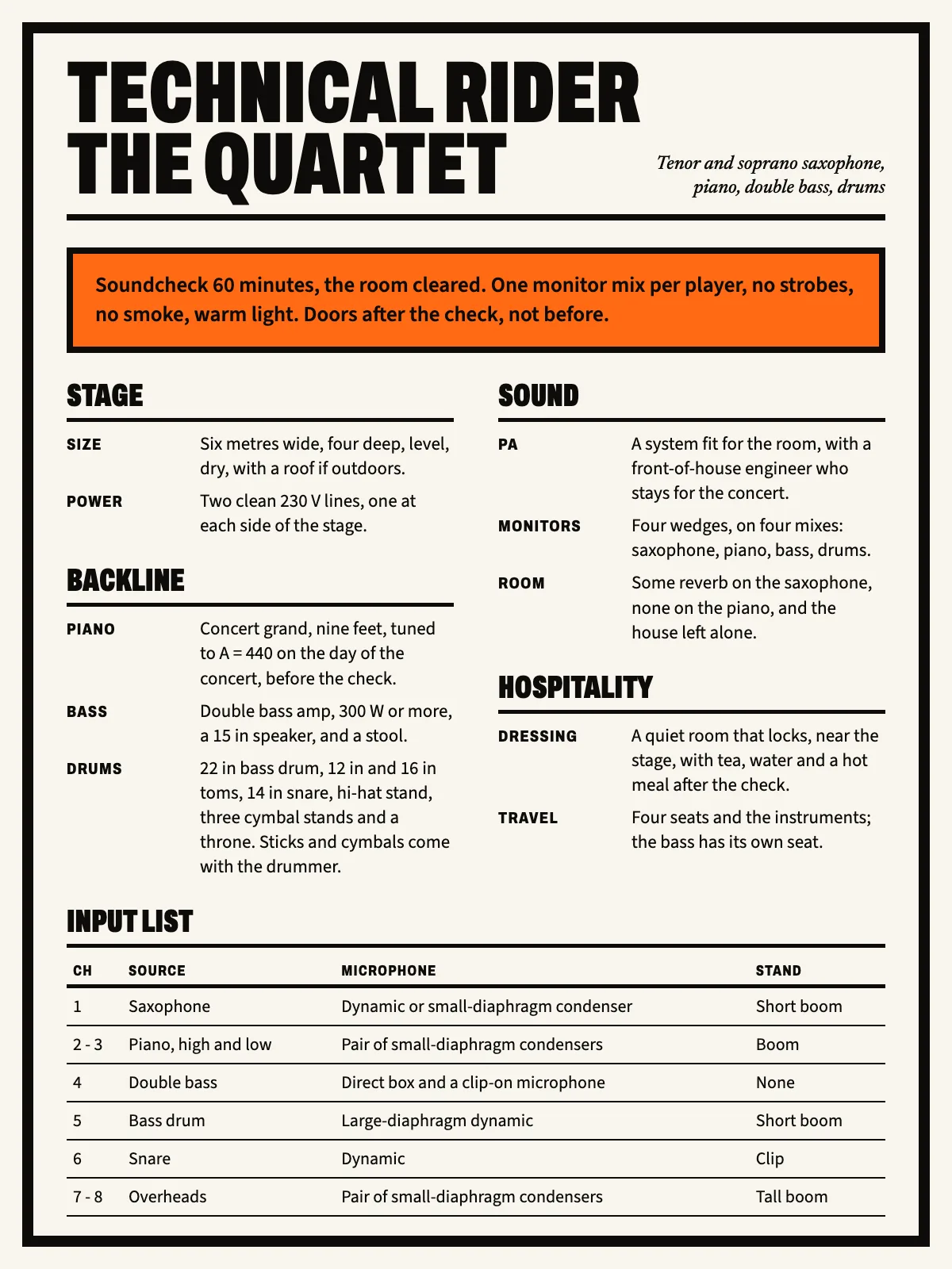 One-page tech rider of a quartet: a notice with the soundcheck length, and sections for stage, sound, backline, hospitality and the input list.