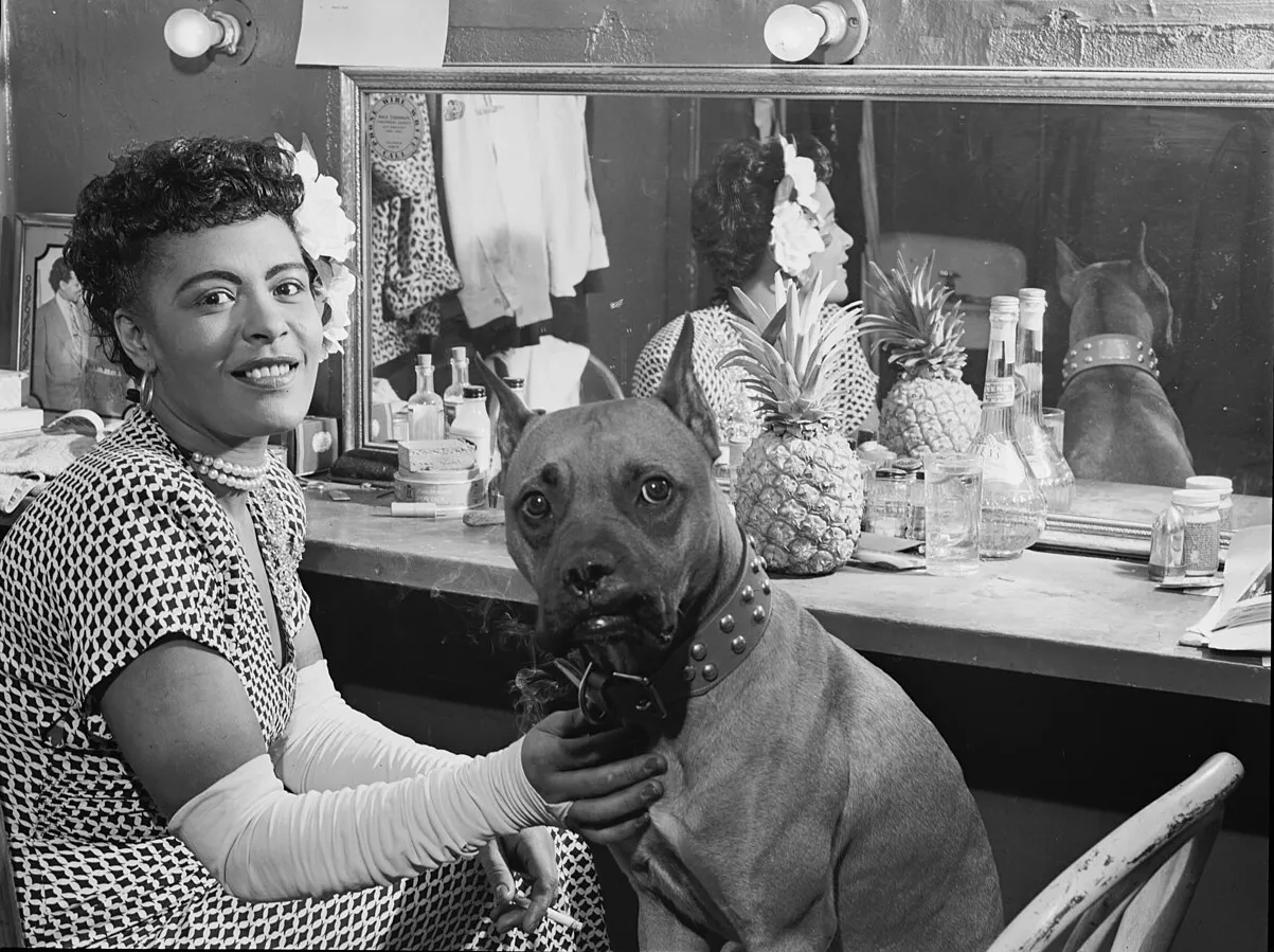 In her dressing room with Mister, her boxer, New York, 1946. William P. Gottlieb