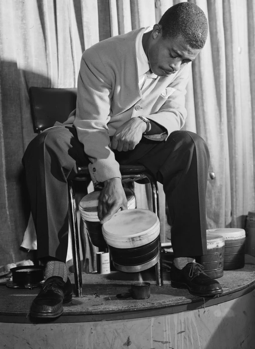José Mangual on bongó, Glen Island Casino, 1947. William P. Gottlieb