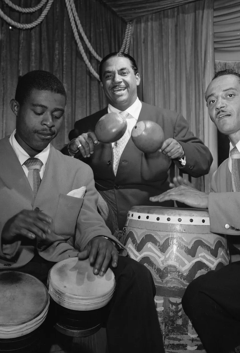 The rhythm section on bongó, maracas and conga, 1947. William P. Gottlieb