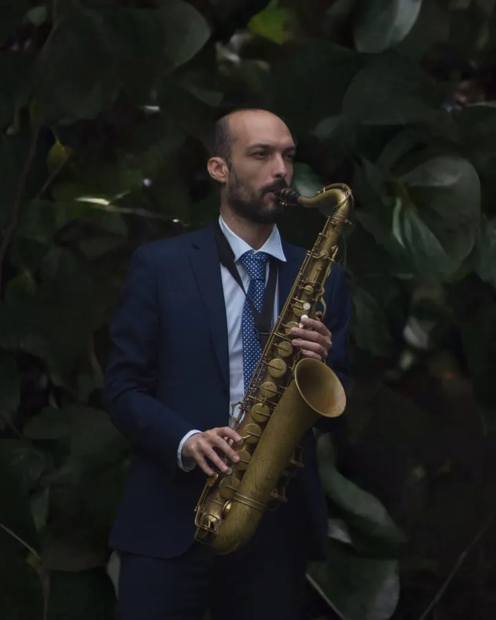 Joan Subirats playing the tenor saxophone