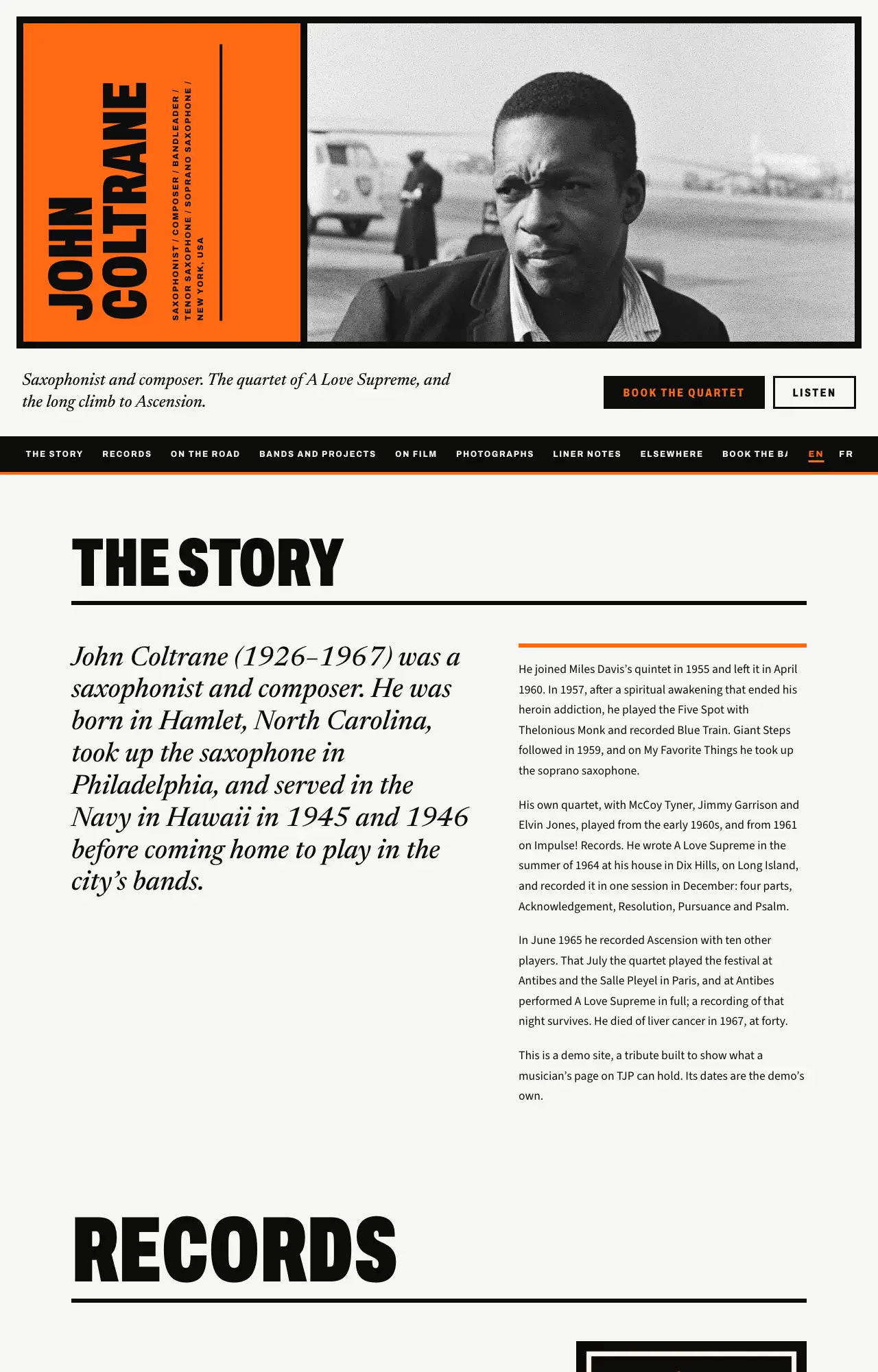 Demo of the Coltrane theme: a musician's website made with Pages